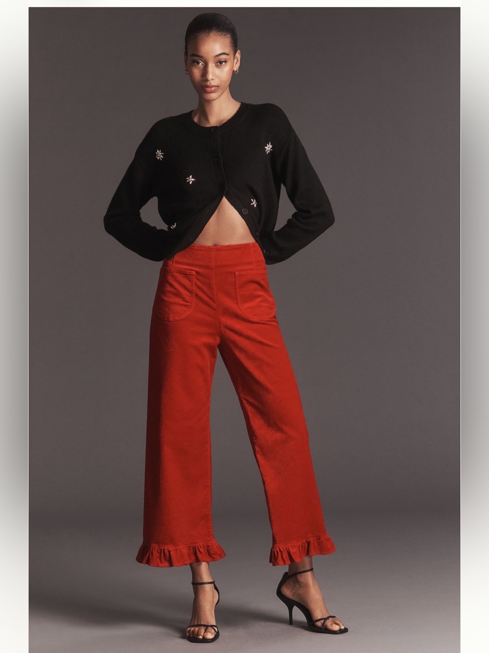 The Colette Crop Velvet Ruffle-Hem Pants by Maeve
